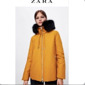 Zara Women's Water Repellent Mustard Puffer Jacket with Black Fur Collar.
